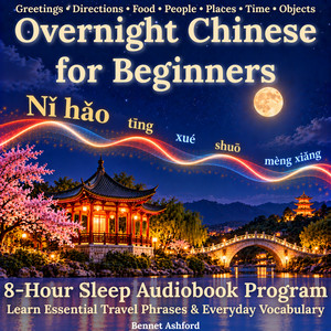Beginner Overnight Chinese: 8-Hour Sleep Audiobook Program: Learn Essential Travel Phrases & Everyday Vocabulary - Greetings • Directions • Food • People • Places • Time • Objects audiobook cover