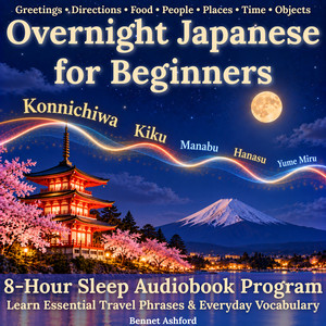 Beginner Overnight Japanese: 8-Hour Sleep Audiobook Program: Learn Essential Travel Phrases & Everyday Vocabulary - Greetings • Directions • Food • People • Places • Time • Objects audiobook cover